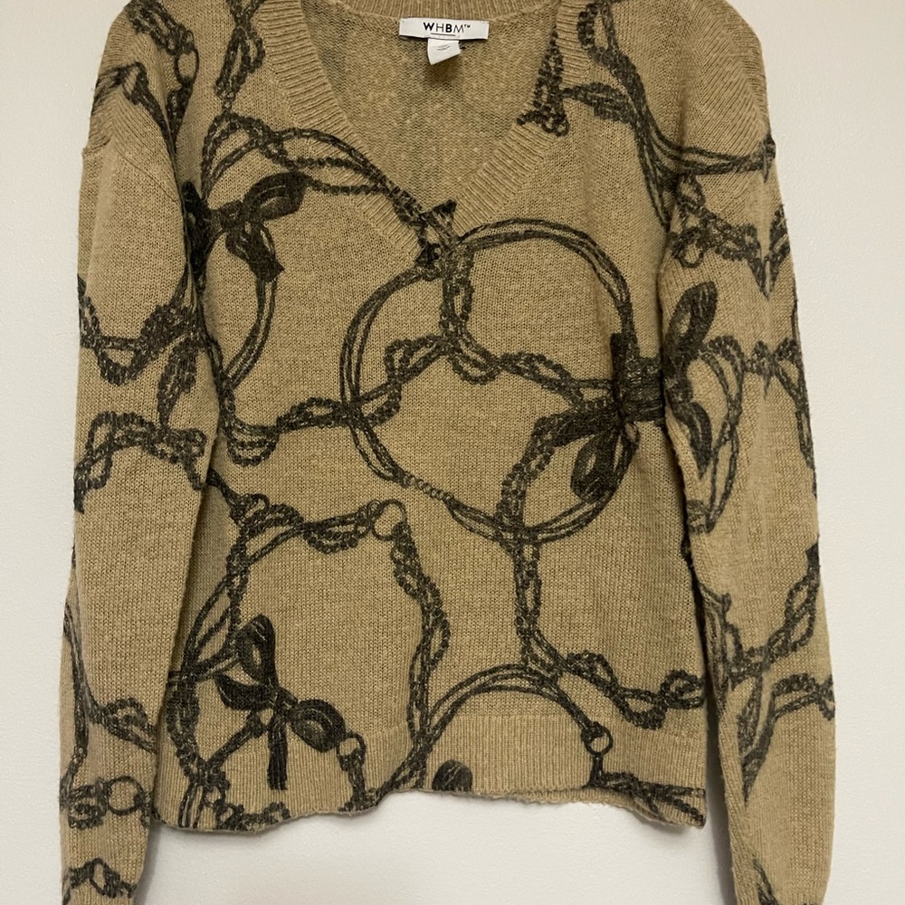 White House Black Market V-Neck Sweater with Black Chain Design